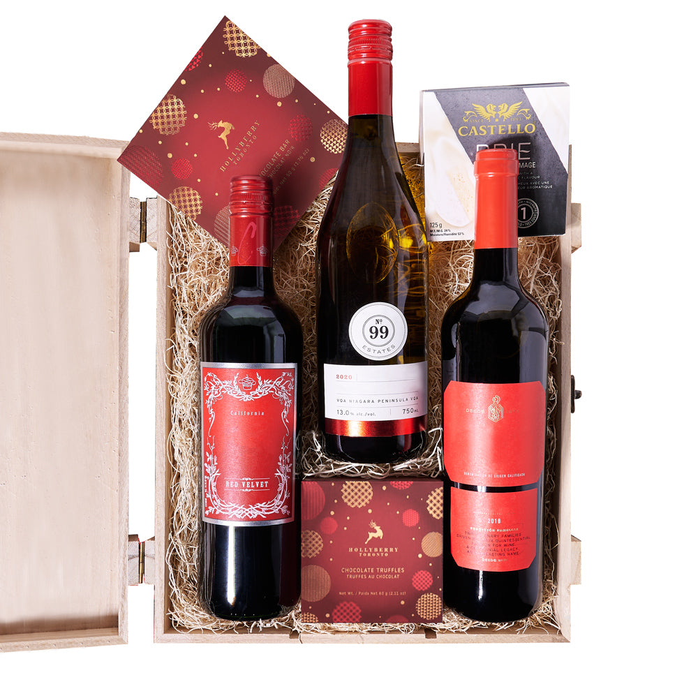 Christmas Trio Wine & Chocolate Gift, candy, chocolate, chocolate bar, christmas, Christmas Cookie, Christmas set, gourmet, wine, wooden box, christmas Wine Trio, Wine Box Trio delivery