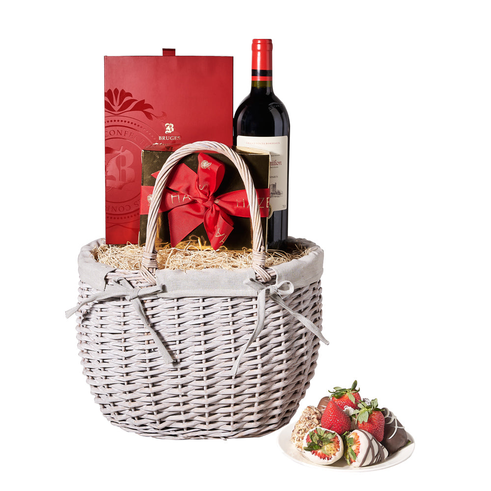 Wine and Chocolate Strawberries Basket, wine gift, wine, chocolate covered strawberries, chocolate dipped strawberries, gourmet gift, gourmet, fruit gift, fruit