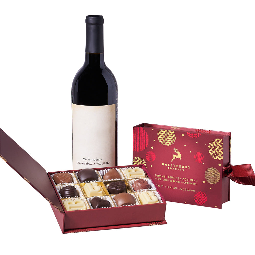 Holiday Wine & Chocolate Gift Basket, Gourmet Gift Baskets, Wine Gift Baskets, Christmas Gift Baskets, Xmas Gifts, Truffles, Wine, Canada Delivery