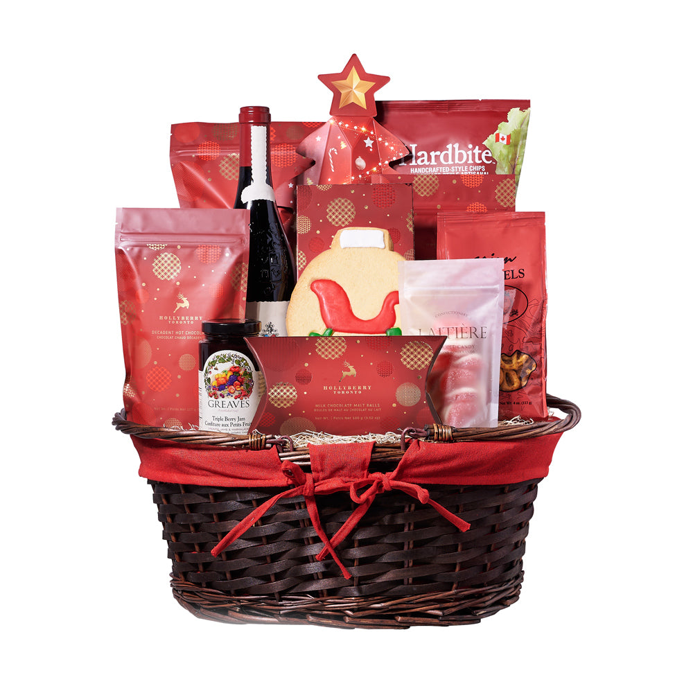 Gourmet Christmas Goodies Wine Gift Basket, Wine Gift Baskets, Gourmet Gift Baskets, Chocolate Gift Baskets, Xmas Gifts, Wine, Cookies, Pretzels, Chocolates, Jam, Popcorn, Chips, Christmas Gift Baskets, Canada Delivery