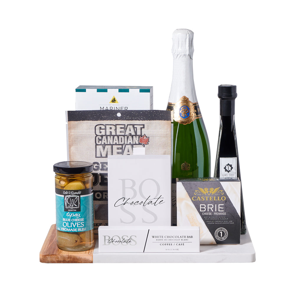 Cheese &amp; Snack Champagne Gift, gourmet gift, gourmet, sparkling wine gift, sparkling wine, champagne gift, champagne, cheeseboard gift, cheeseboard
