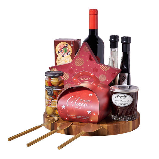 Holiday Cheeseball & Wine Gift Board, Wine Gift Baskets, Gourmet Gift Baskets, Cheese Gift Baskets, Chocolate, Cheeseball, Jam, Wine, Crackers, Xmas Gifts