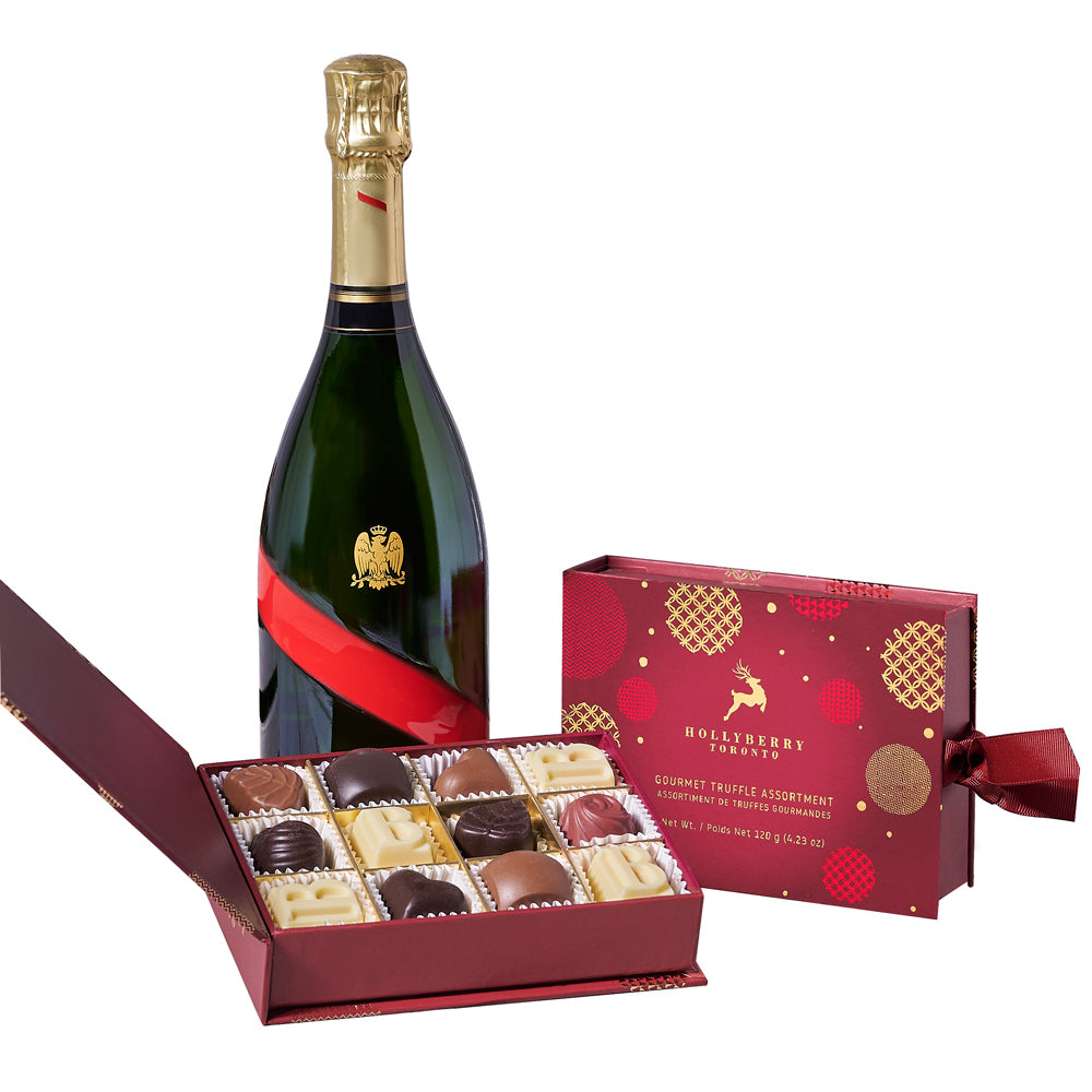 Champagne &amp; Chocolate Duo Gift Set, Christmas Gift Baskets, Champagne Gift Baskets, Gourmet Gift Baskets, Chocolate Gift Baskets, Chocolate Truffles, Champagne, Xmas Gifts, Canada Delivery